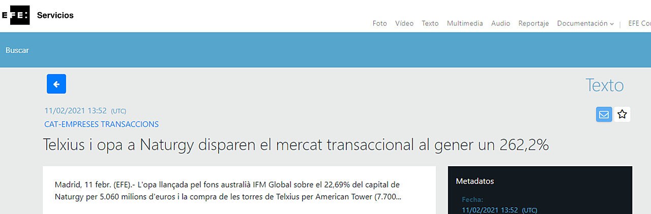 Telxius y opa a Naturgy disparan el mercado transaccional en enero un 262,2 %